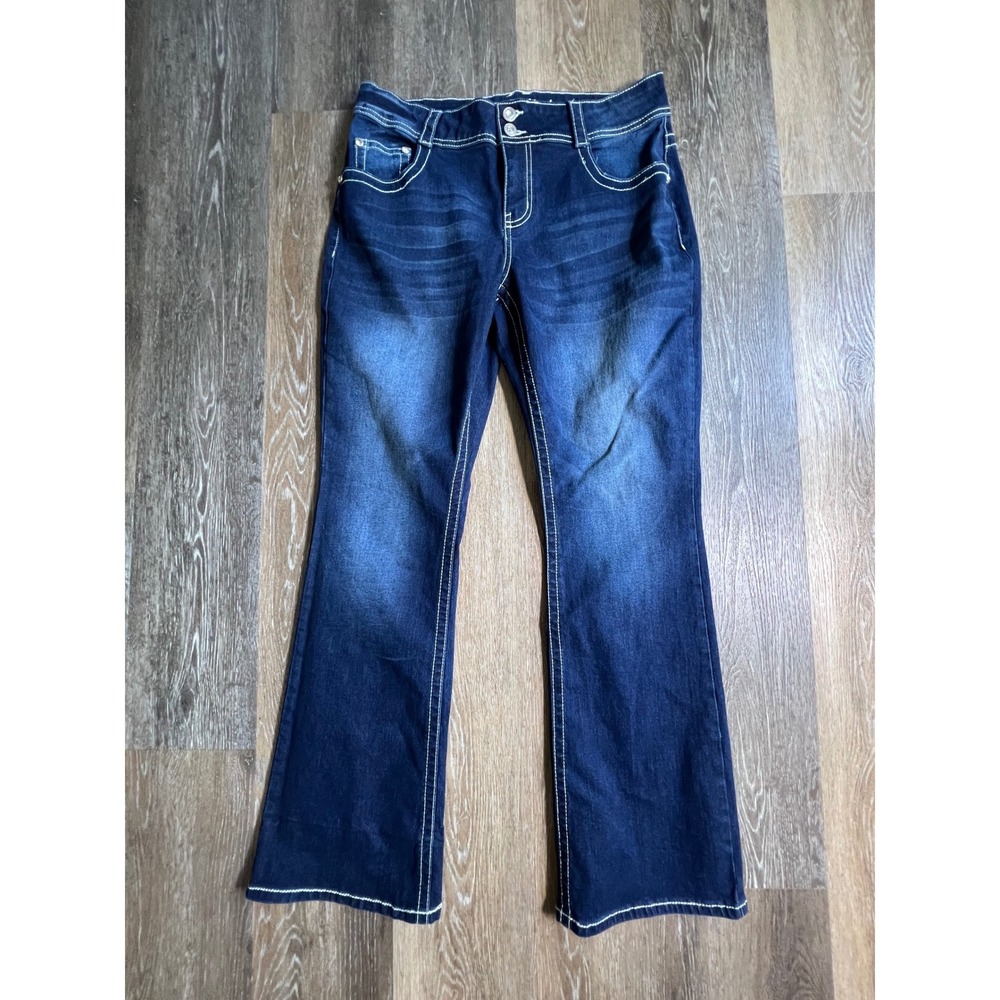 Copper Flash Flare Jeans Womens 12 Dark Wash Contrast Stitch Embroidered Curvy